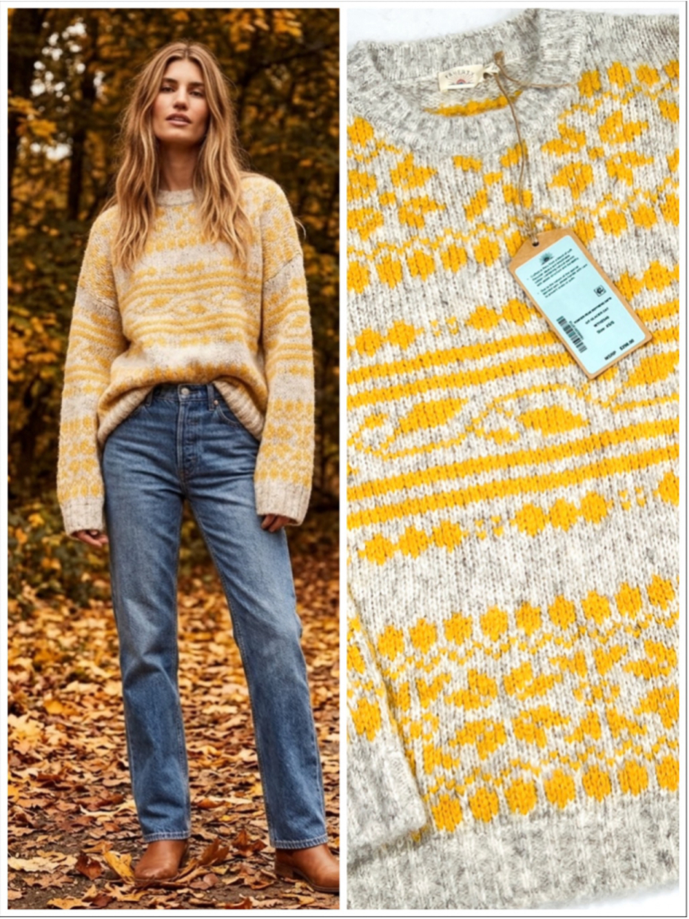 NWT Faherty Womans Sweater Powder Peak Boyfriend XS Grey Yellow Crew Neck Wool
